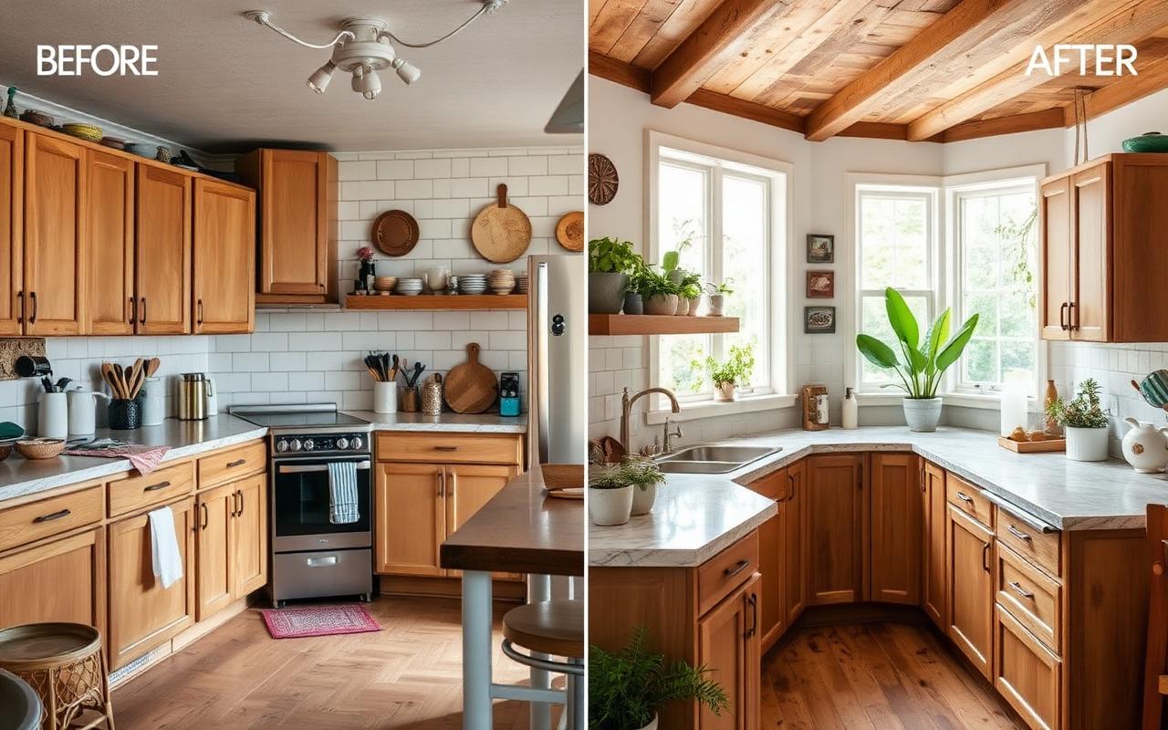 Kitchen gut renovation — dated finishes replaced with reclaimed beams, soapstone, and low-VOC paint.