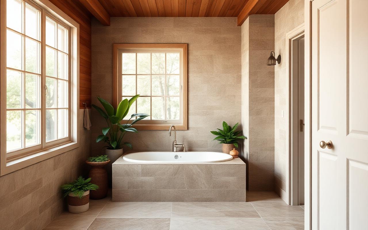 Primary bath rebuild — natural stone, large daylit window, biophilic plant integration.