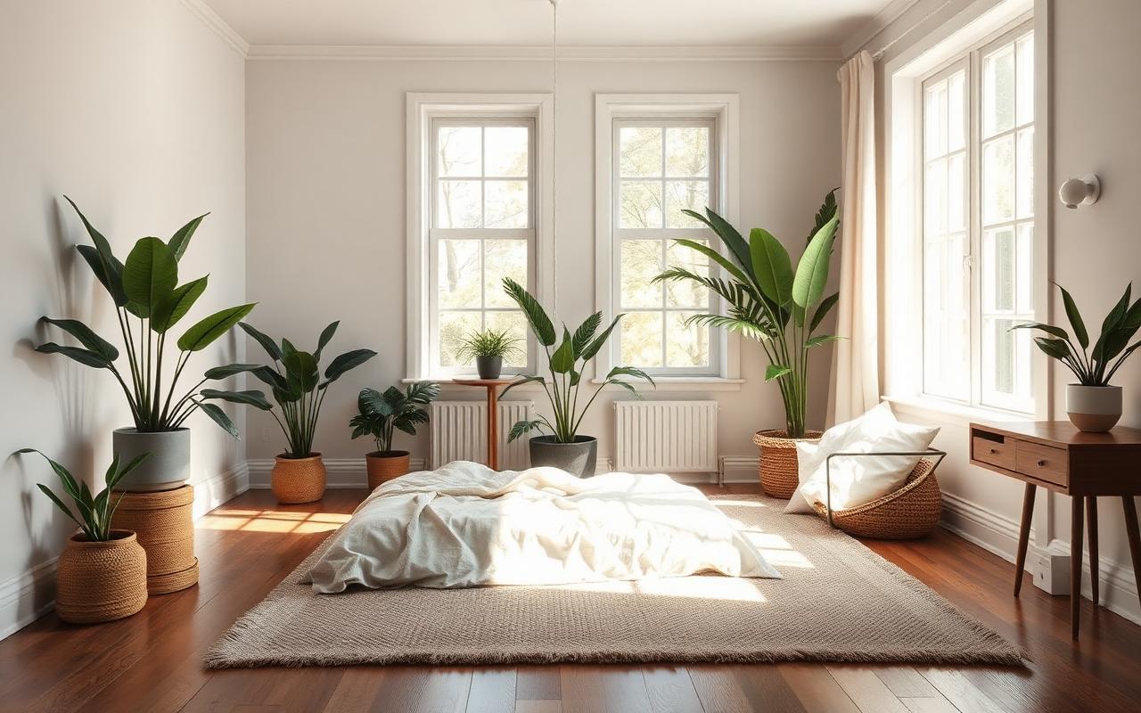 Bedroom refresh — solid hardwood floors, linen bedding, and indoor greenery for restorative sleep.