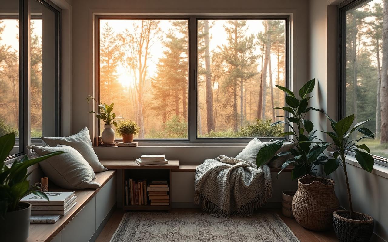 Reading nook addition — custom built-ins frame a southern-exposure window onto the woods.